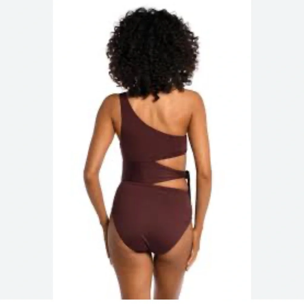 La Blanca Chocolate island goddess brown cut out one shoulder swimsuit 14 - Picture 2 of 5
